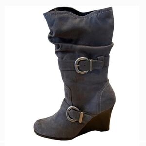 Sexy Size 10 Adjustable! Gray Boots 2 buckle slouchy boot textile suede wedge
